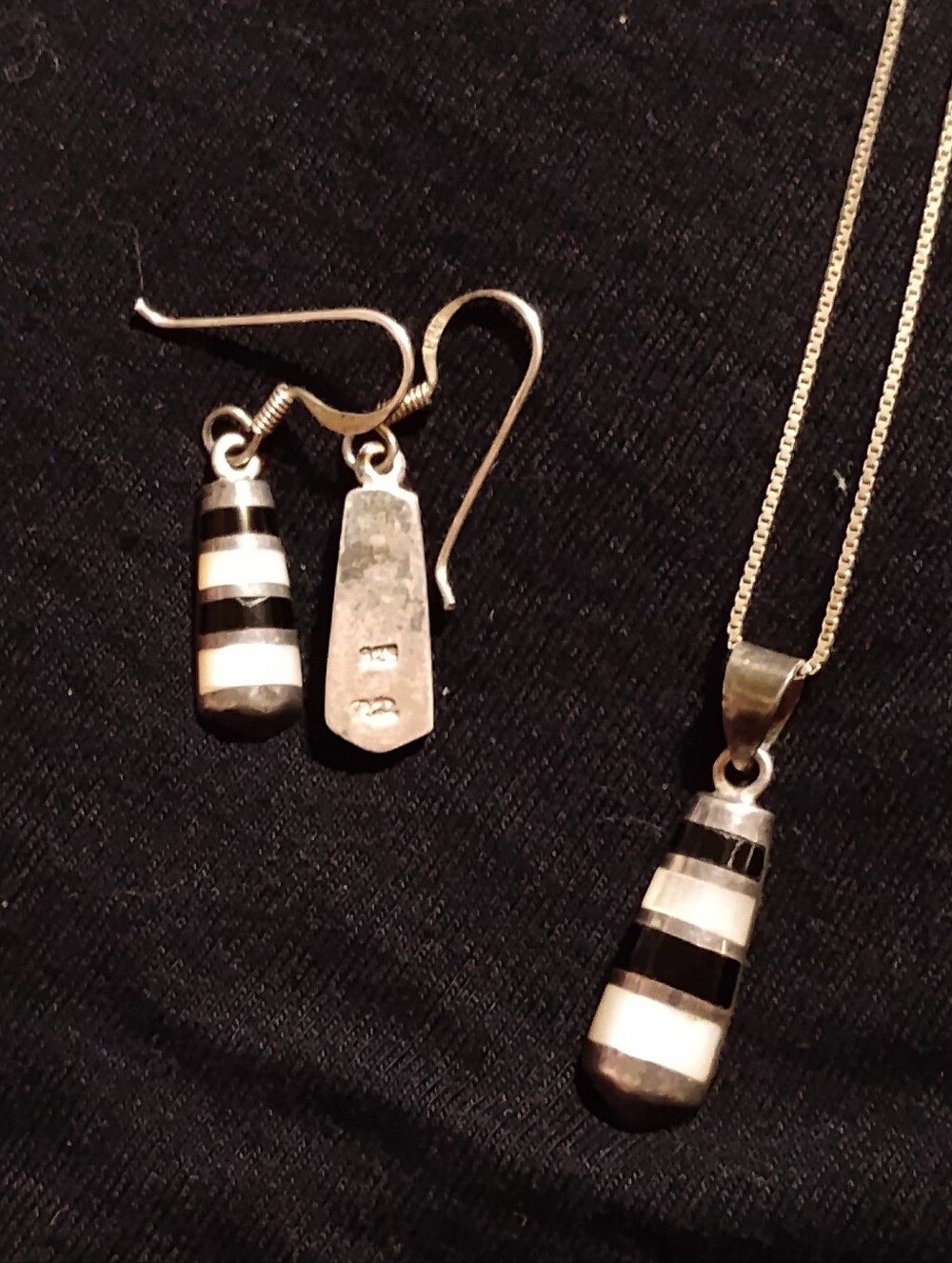 925 Black Onyx & Mother Of Pearl Striped Drop Necklace and Earrings Set
